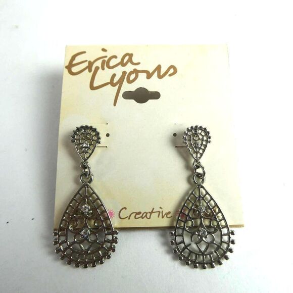 Erica Lyons Silver Tone Clear Rhinestone Drop Earrings Pierced Bridgerton NEW - Picture 1 of 5